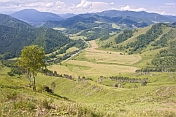 Mountains, farmland and forests of the Altai Republic.