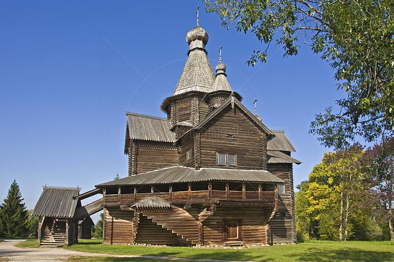 A wooden church in the Vitoslavlitsy Museum of Wooden Architecture.