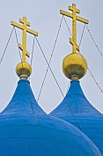 Blue onion domes and golden crosses of the Assumption Cathedral at Bogolyubovo.
