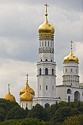 The golden domes and towers of the Annunciation Cathedral, in the Kremlin.