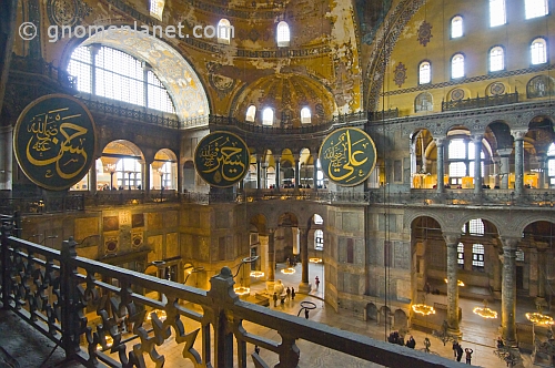 Balcony view of the interior and arabic medallions of the Aya Sofya in Sultanahmet.