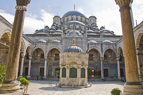 Exterior courtyard view of Yeni or new mosque in Eminonu.