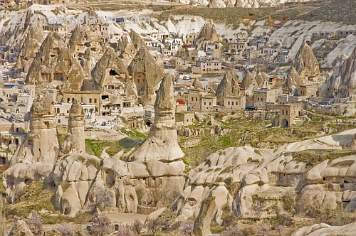 A valley of fairy chimneys and cave dwellings near Uchisar.