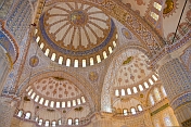 Interior domes, Islamic caligraphy and artwork in the Sultan Ahmet Camii, or Blue Mosque.