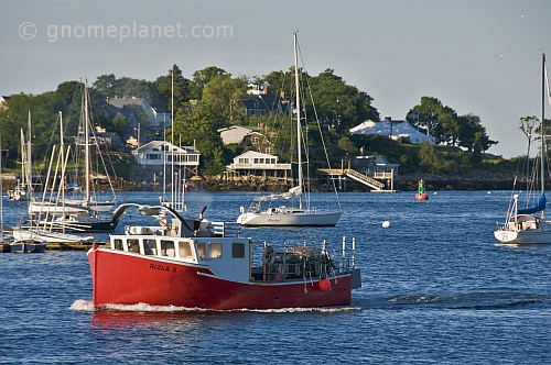 A lobster boat passes moored sailboats as it returns to harbor in the early morning.