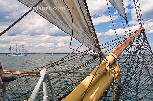 View of the tallship 'Sagres' from the bows of the barque 'Picton Castle'.