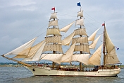 Three-masted barque 'Europe' sails into Boston Harbor.