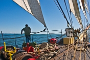 Lookout on watch in the bows of the sailing ship 'Picton Castle' as she cruises along the Massachusetts coast.