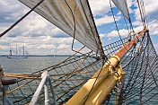 View of the tallship 'Sagres' from the bows of the barque 'Picton Castle'.