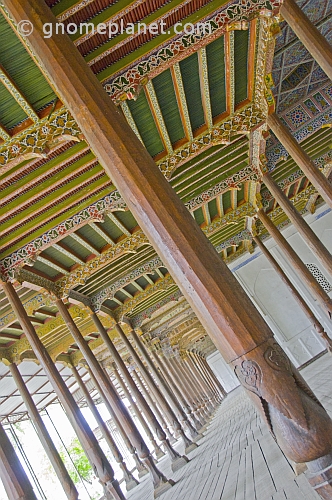 Carved pillars and painted wooden ceiling in the Juma Mosque (Friday Mosque).