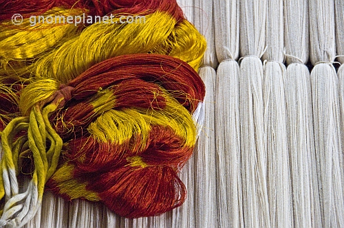 Hank of colorful tie-dyed silk contrasts the plain white warps awaiting the tie-dying process.