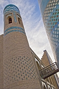 Turquoise-tiled Kalta-Minor minaret, and the Mohammed Amin Khan Medressa.
