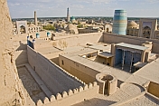 View over the Kuhna Ark, the once fortress and residence of the Khivan Khans, shows the towers, mosques and minarets of the Khiva skyline.