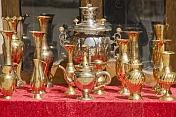 A samovar and brass jugs for sale in the bazaar.