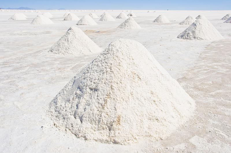 Piles of salt ready for collection at the Uyuni Salt Flats.