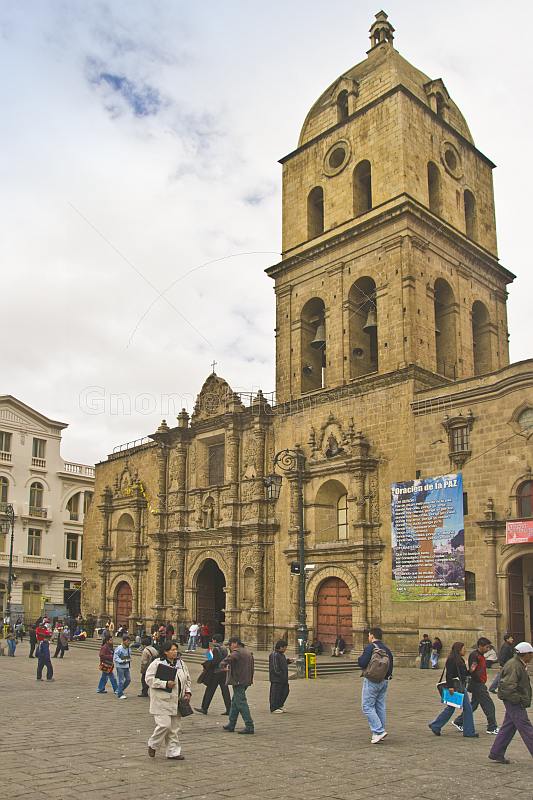 Carved stone frontage and tower of the San Francisco Cathedral.