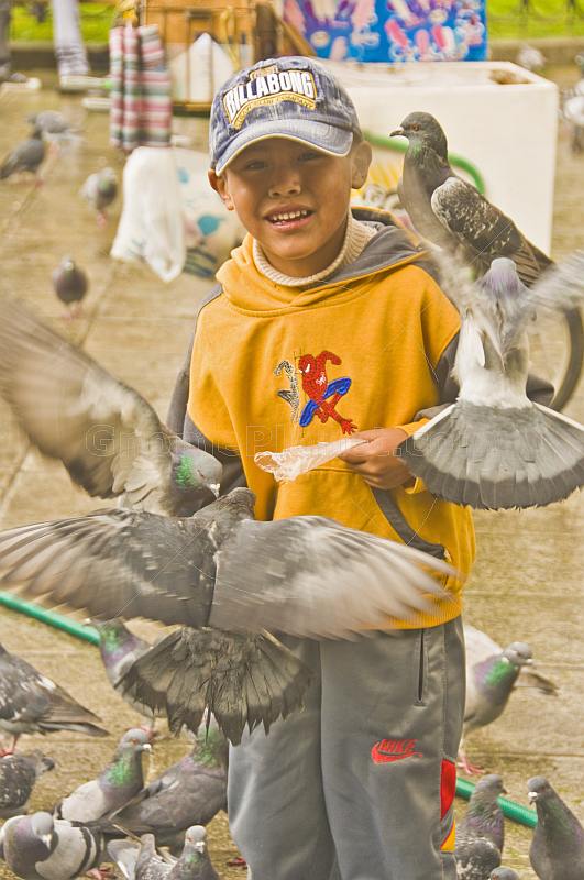 Boy in yellow top feeding pigeons on Plaza Murillo.