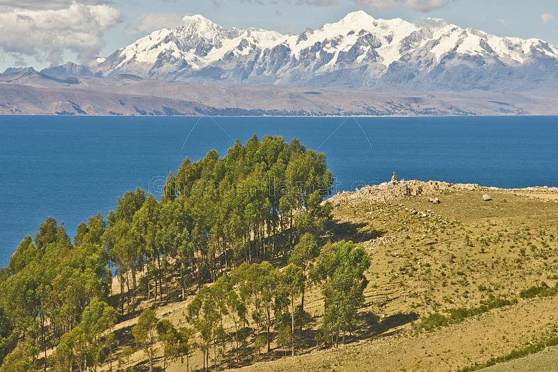 Trees and barren hillside on the Isla del Sol in Lake Titicaca with distant view of Andes mountains.