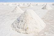 Piles of salt ready for collection at the Uyuni Salt Flats.