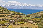 Red-roofed houses and walled bean fields on the Isla del Sol in Lake Titicaca with distant Andes mountains.
