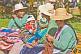 Image of Bolivian women in hats with colorful babies.