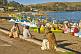 Image of Locals look at a jumble of pedalos pulled up on the beach of Lake Titicaca.