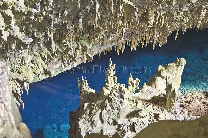 Stalactites and stalagmites at the Blue Lake Cave (Gruta do Lago Azul).