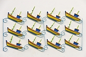 A group of fishing vessel wall plaques.