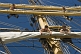 Crew of the tallship 'Picton Castle' work aloft to stow sail.