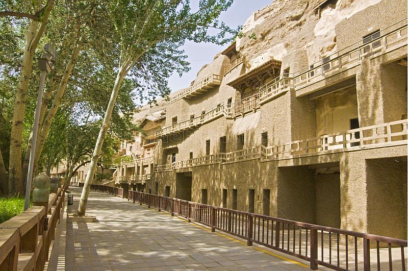Walkways and entrances to the Buddhist Mogao Caves.
