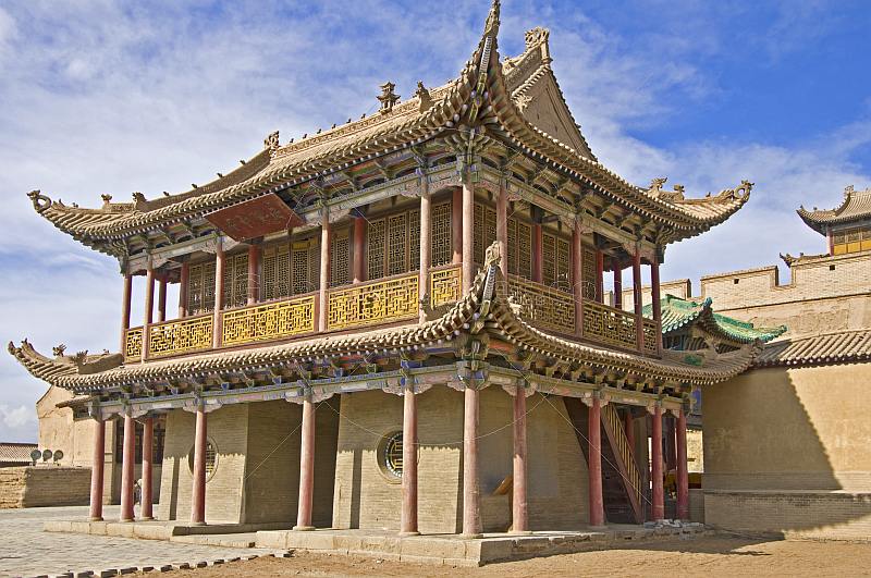 Elaborate Pagoda-roofed temple at the Jiayuguan Fort.