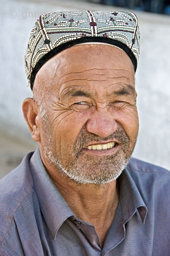Local Kashgar man with traditional hat, known in Uighur as a doppa.