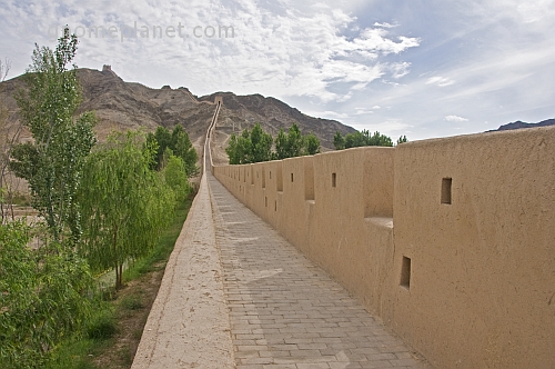 Looking along the reconstructed Great Wall of China at the Shiguan Gorge, near Jiayuguan.
