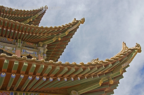 Pagoda-style roof eaves on a watch tower at the Jiayuguan Fort.