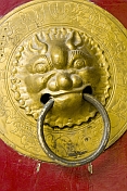 Gold-colored lion door handle at the Great Buddha Temple.