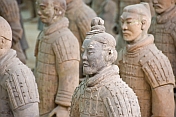 Closeup of Terracotta warriors in pit number 1 show some with patches of original color.