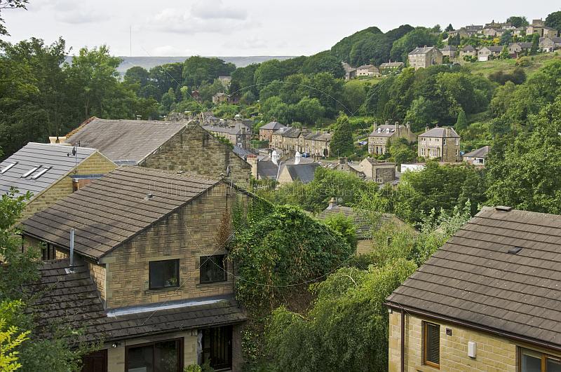 View over town valley with stone houses from Station Road.