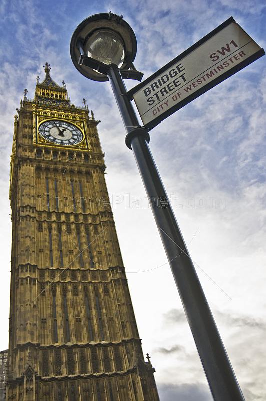 City of Westminster Bridge Street sign outside Big Ben clock tower and Houses of Parliament.