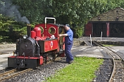 caption: Locomotive driver prepares steam engine Fox at Kirklees Light Railway at Clayton West.