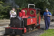 Mother and child look at steam engine Fox at Kirklees Light Railway at Clayton West.