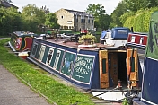 Moored narrow boats on the Leeds Liverpool canal near Belmont Street.
