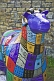 Image of Flock to Skipton sheep sculpture with colored decoration on the Leeds Liverpool canal.