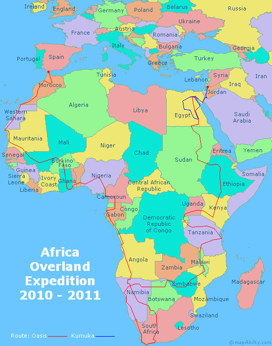 Map of Africa Overland Journey 2010-11